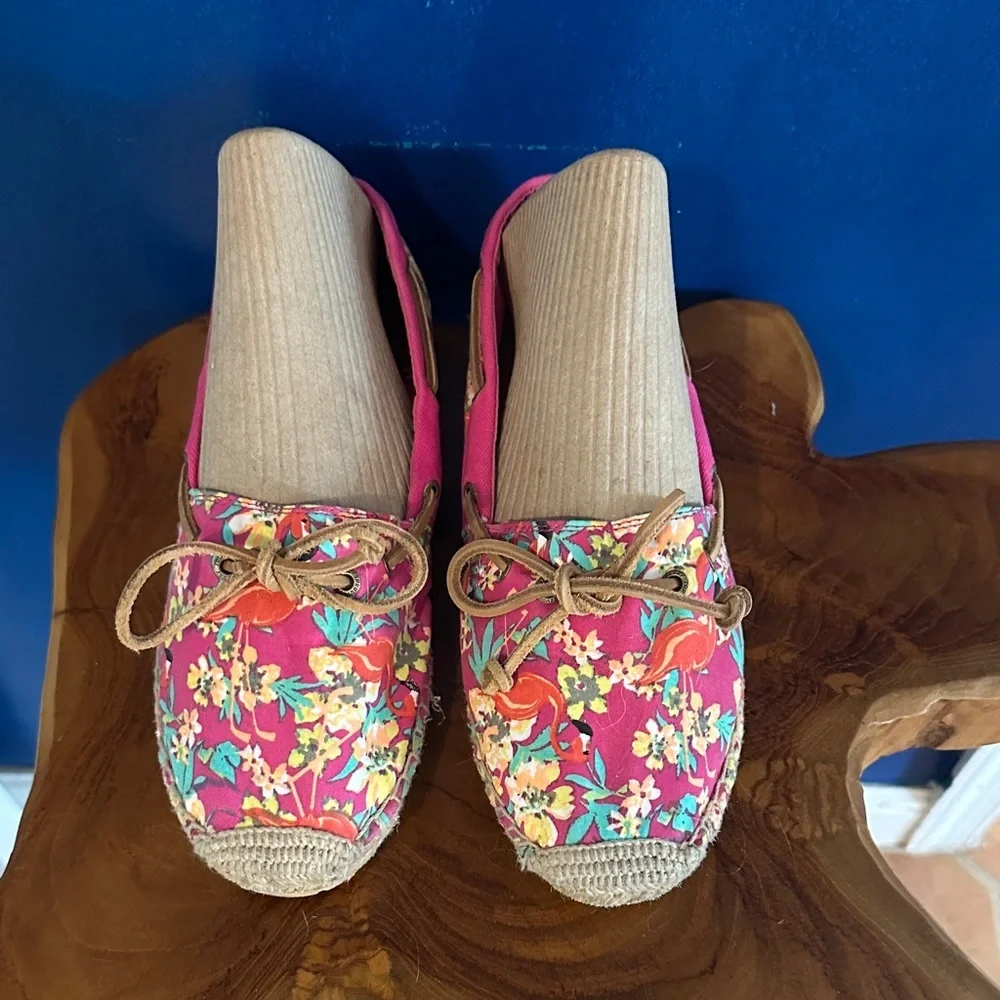 Women’s Sperry Top-Sider Canvas Espadrille Pink Floral & Flamingo Print Size 9.5
